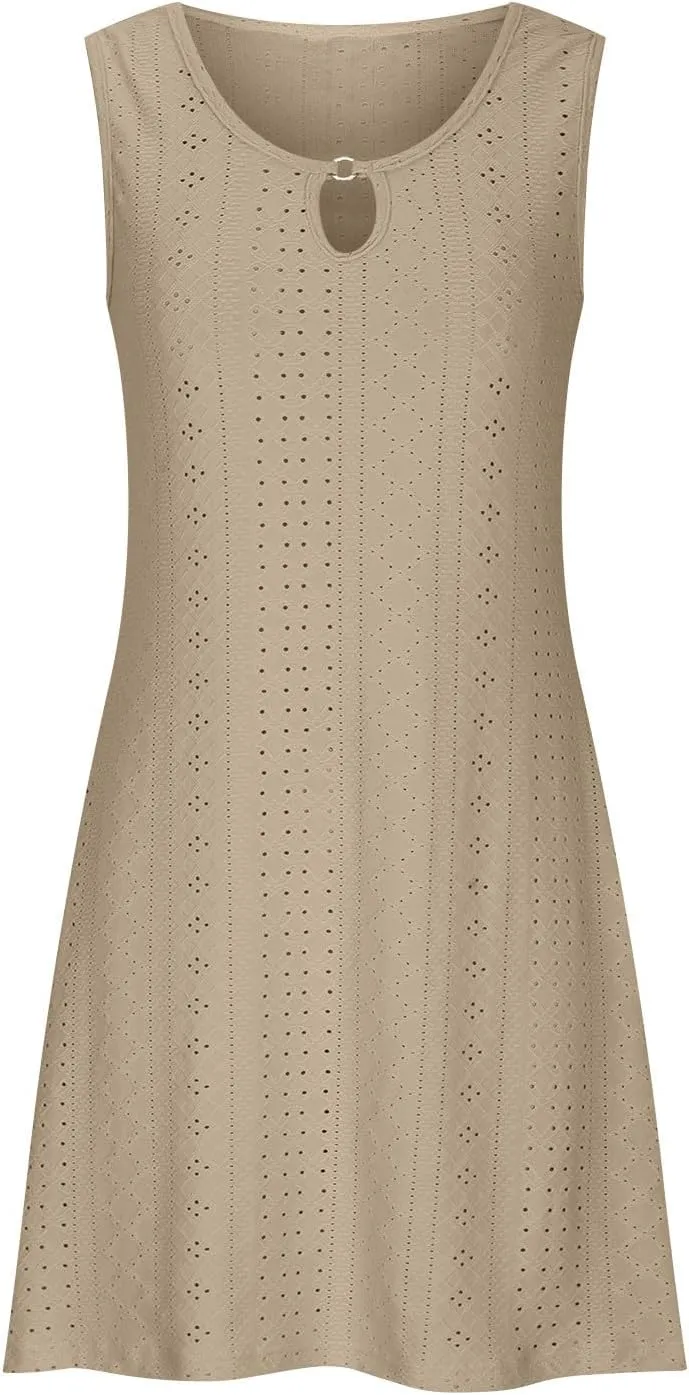 Womens Summer Dresses 2025 Eyelet Sleeveless Tank Dress Scoop Neck A Line Swing Dress Flowy Beach Sundress