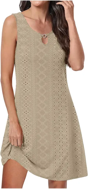 Womens Summer Dresses 2025 Eyelet Sleeveless Tank Dress Scoop Neck A Line Swing Dress Flowy Beach Sundress