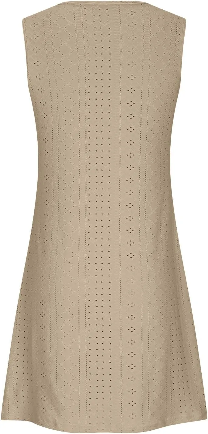 Womens Summer Dresses 2025 Eyelet Sleeveless Tank Dress Scoop Neck A Line Swing Dress Flowy Beach Sundress
