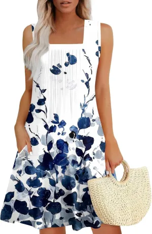 Womens Summer Dresses 2025 Pleated Square Neck Sleeveless Boho Sundresses Casual Hawaiian Beach Vacation Tank Dress