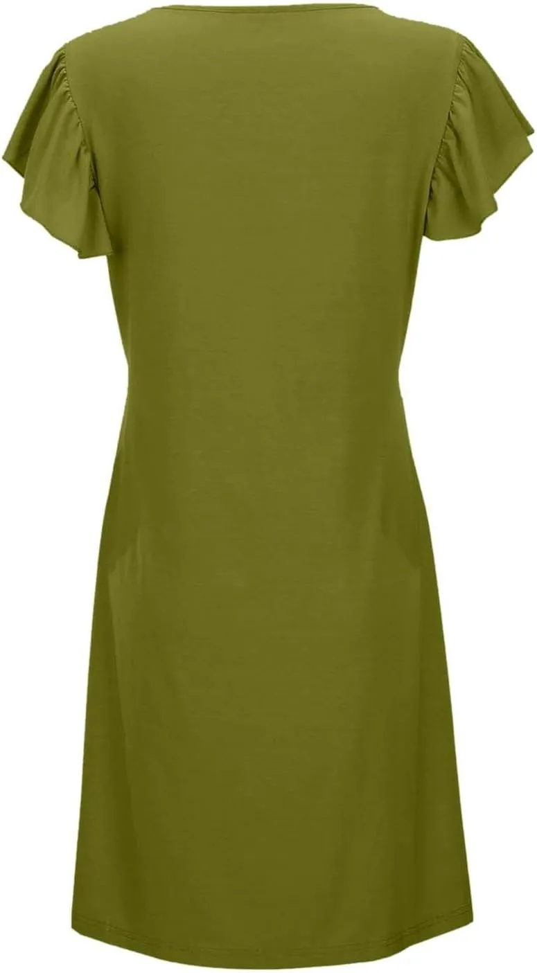 Women's Summer Dresses 2025 Vacation Dress Beach Casual Deep V Neck Loose Sundress Ruffle Sleeve Mini Dress