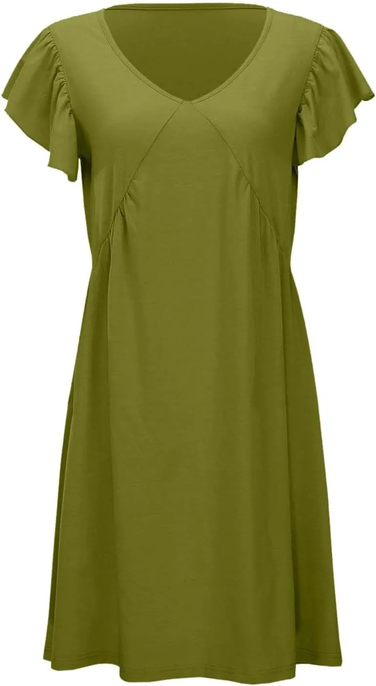Women's Summer Dresses 2025 Vacation Dress Beach Casual Deep V Neck Loose Sundress Ruffle Sleeve Mini Dress