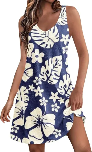 Womens Summer Dresses 2025 Women's Spring/Summer Flower Printed Casual Tank Top Pockets Beach Casual Dress 100
