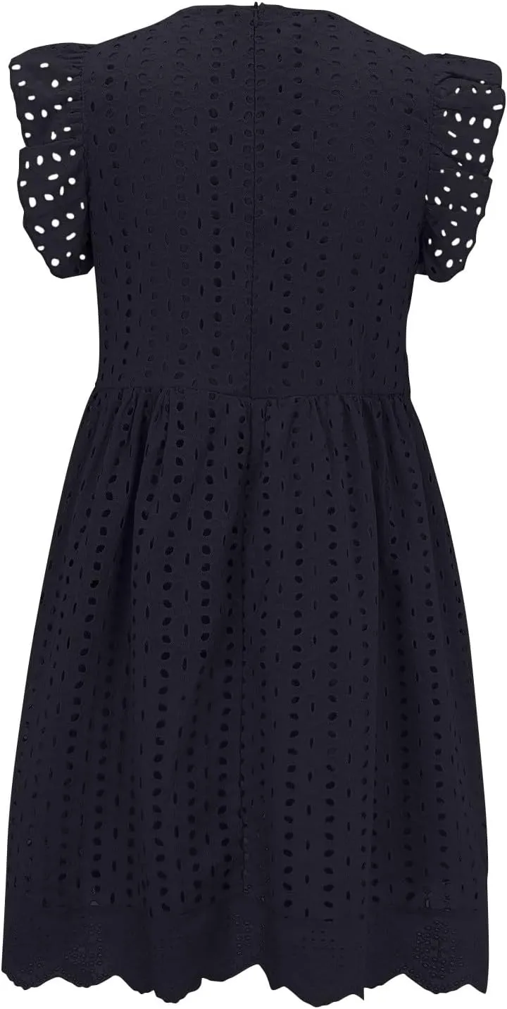 Womens Summer Dresses Cap Sleeve Babydoll Eyelet Ruffle V Neck Mini Dress Plus Size Casual Loose Sundress with Pockets Party
