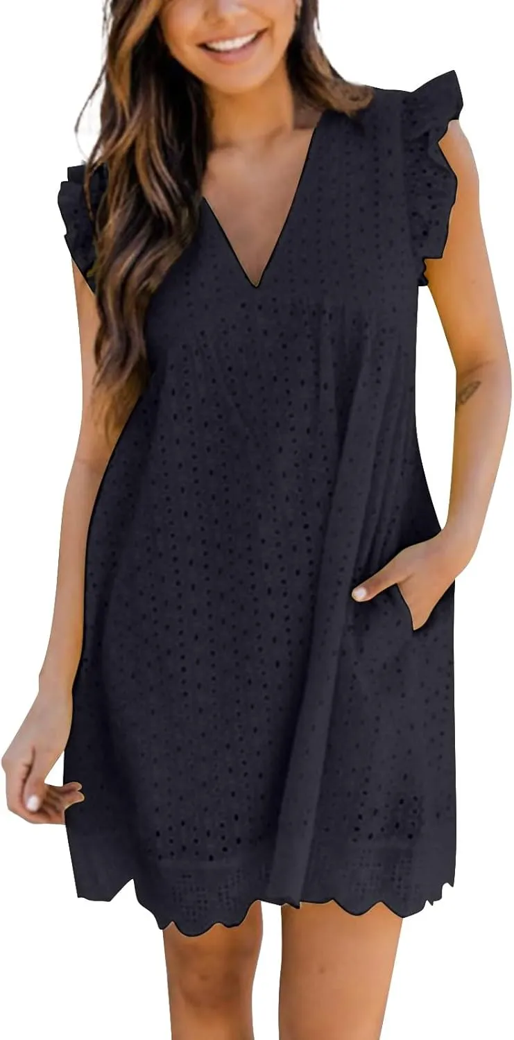 Womens Summer Dresses Cap Sleeve Babydoll Eyelet Ruffle V Neck Mini Dress Plus Size Casual Loose Sundress with Pockets Party