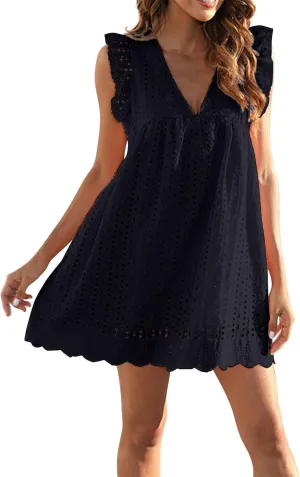 Womens Summer Dresses Cap Sleeve Babydoll Eyelet Ruffle V Neck Mini Dress Plus Size Casual Loose Sundress with Pockets Party