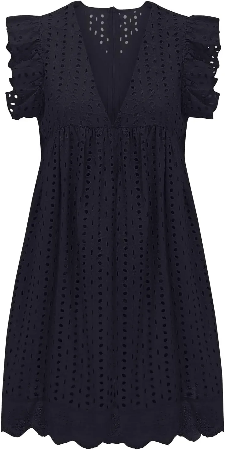 Womens Summer Dresses Cap Sleeve Babydoll Eyelet Ruffle V Neck Mini Dress Plus Size Casual Loose Sundress with Pockets Party