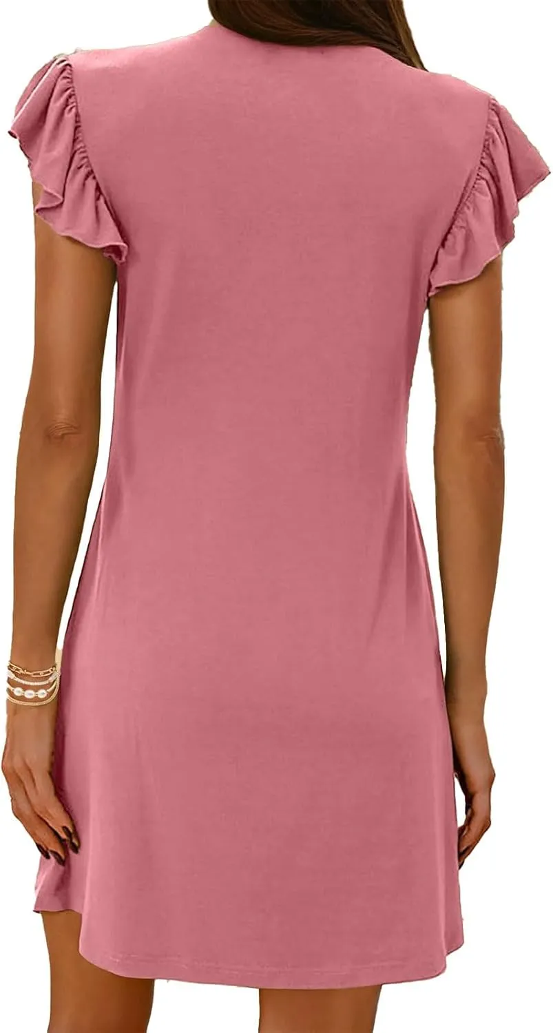 Women's Summer Dresses Casual Babydoll Mini Dress Ruffle Sleeve Deep V Neck T Shirt Dress Tunic Sundress