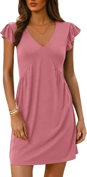 Women's Summer Dresses Casual Babydoll Mini Dress Ruffle Sleeve Deep V Neck T Shirt Dress Tunic Sundress