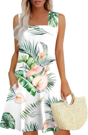 Womens Summer Dresses Casual Beach Vacation Sleeveless Tank Sundresses Boho Hawaiian Dress with Pockets