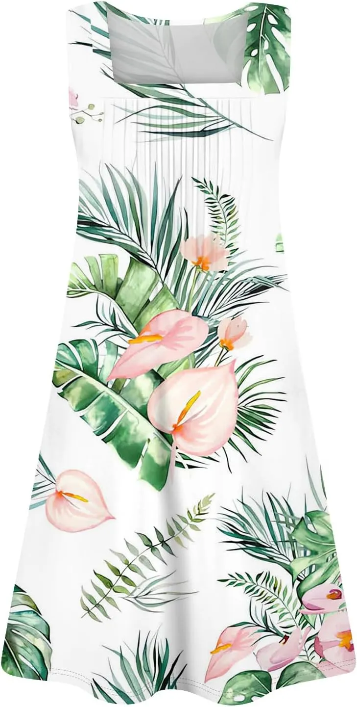 Womens Summer Dresses Casual Beach Vacation Sleeveless Tank Sundresses Boho Hawaiian Dress with Pockets