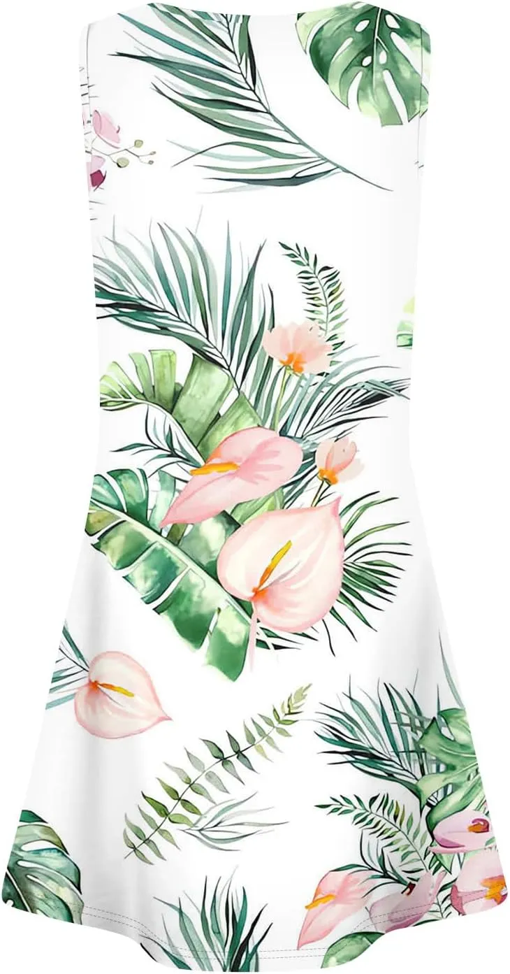Womens Summer Dresses Casual Beach Vacation Sleeveless Tank Sundresses Boho Hawaiian Dress with Pockets