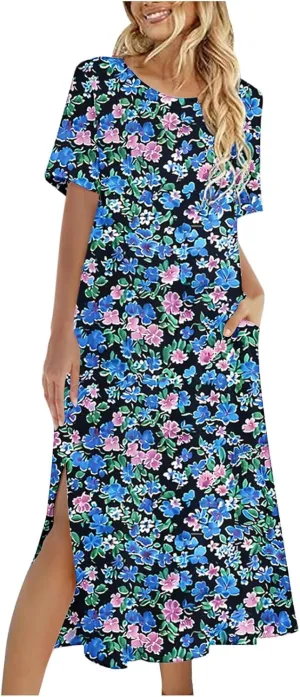 Womens Summer Dresses Casual Boho Floral Print Short Sleeve Midi Sundress Loose Fit Fashion Dress with Pockets