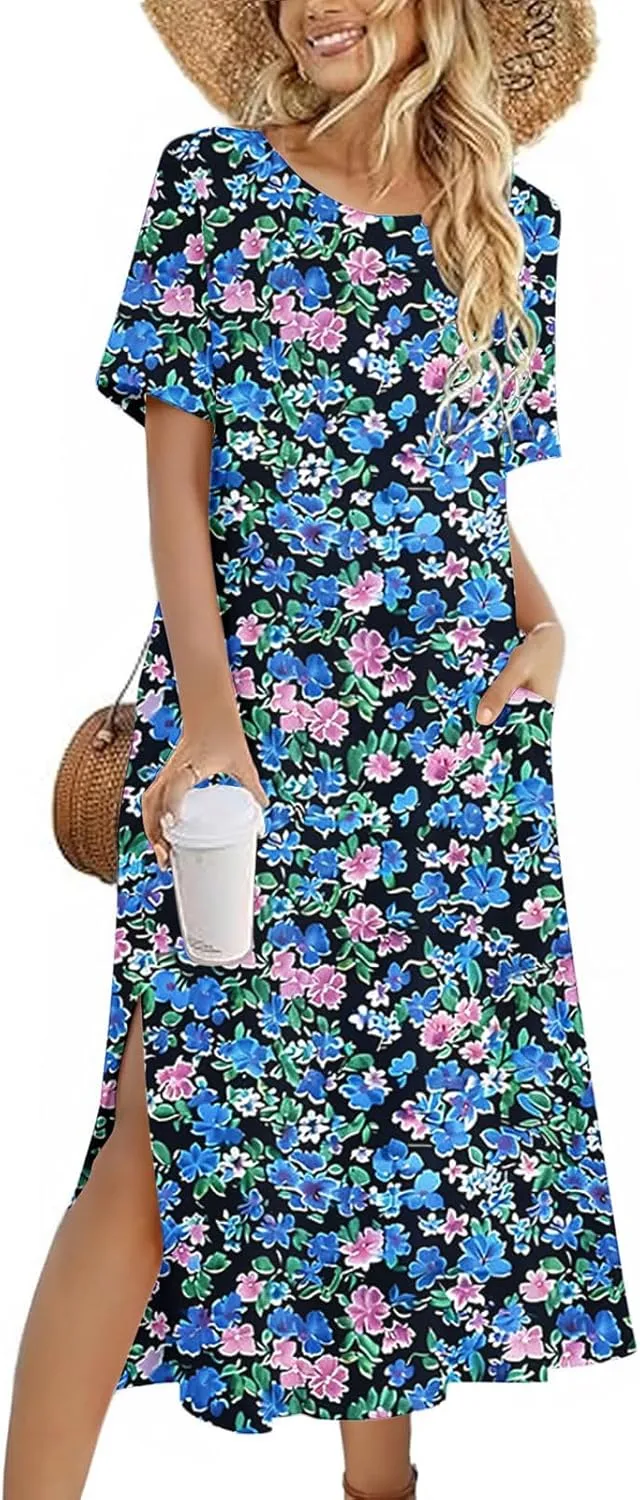 Womens Summer Dresses Casual Boho Floral Print Short Sleeve Midi Sundress Loose Fit Fashion Dress with Pockets