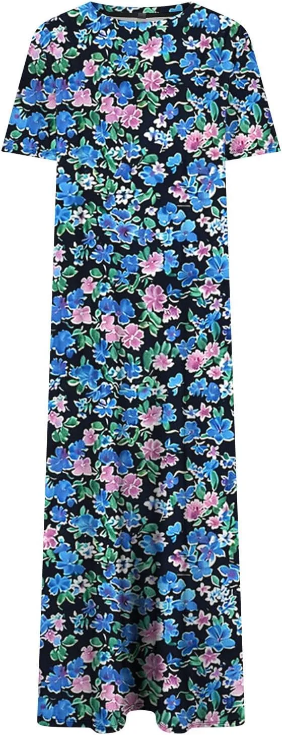 Womens Summer Dresses Casual Boho Floral Print Short Sleeve Midi Sundress Loose Fit Fashion Dress with Pockets