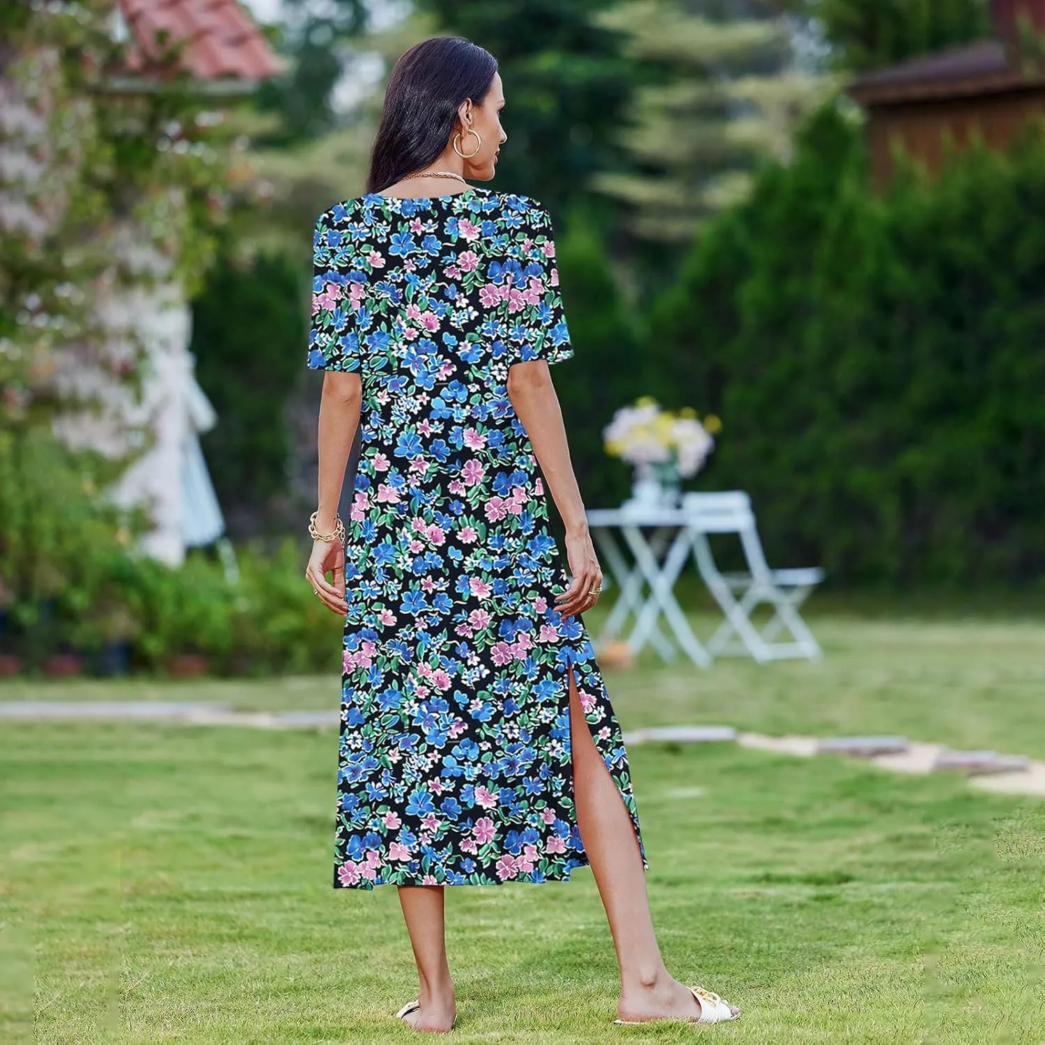 Womens Summer Dresses Casual Boho Floral Print Short Sleeve Midi Sundress Loose Fit Fashion Dress with Pockets
