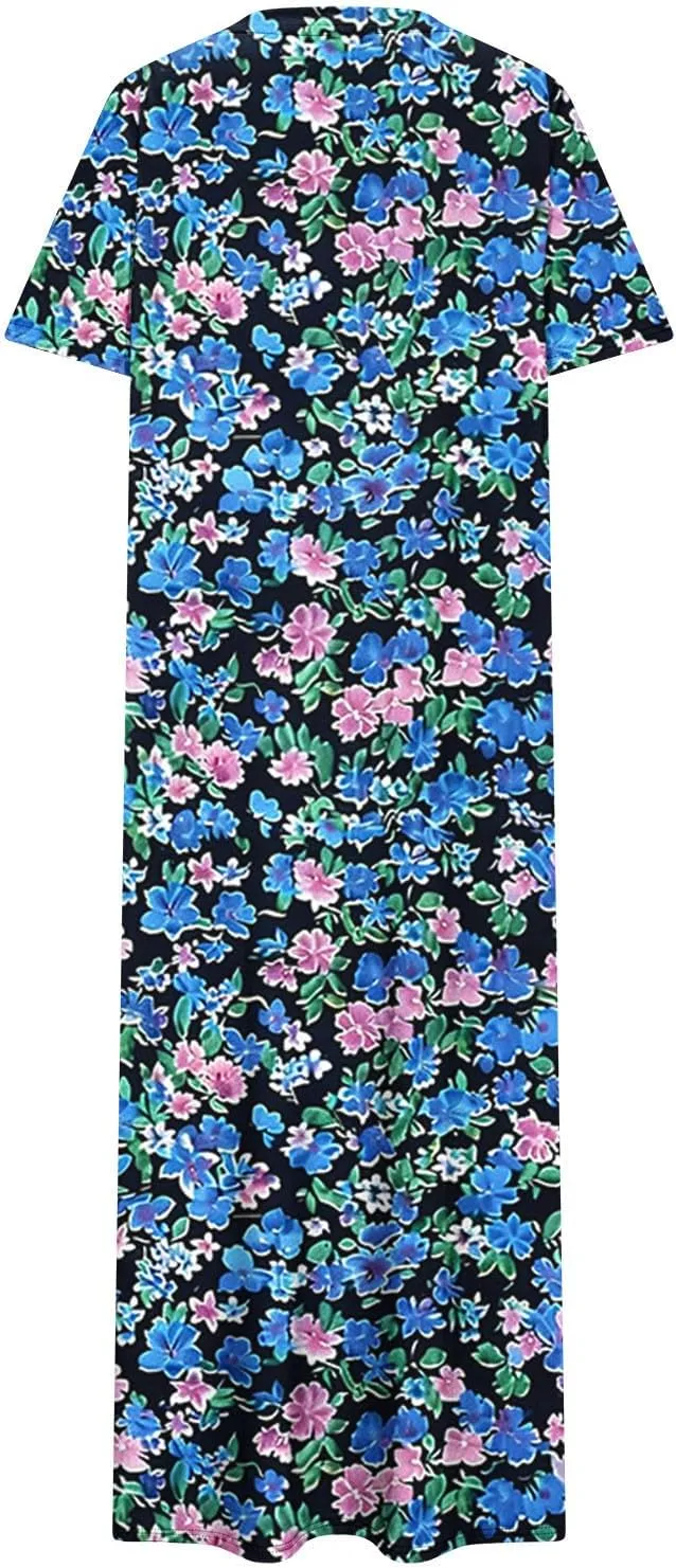 Womens Summer Dresses Casual Boho Floral Print Short Sleeve Midi Sundress Loose Fit Fashion Dress with Pockets
