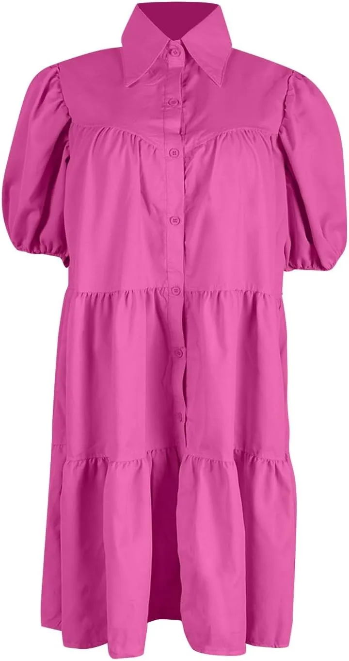 Womens Summer Dresses Casual Dress Cute Babydoll Short Sleeve Lapel Dress Boho Short Loose Flowy Shirt Sundresses