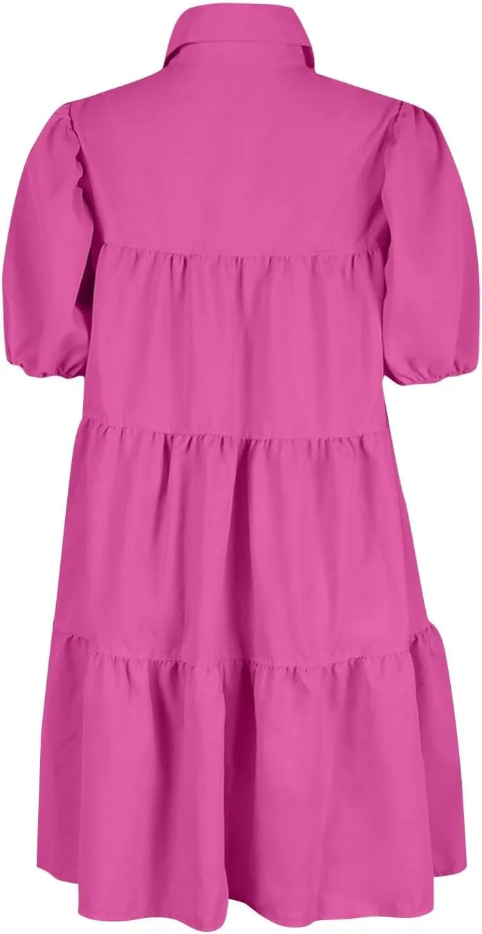 Womens Summer Dresses Casual Dress Cute Babydoll Short Sleeve Lapel Dress Boho Short Loose Flowy Shirt Sundresses