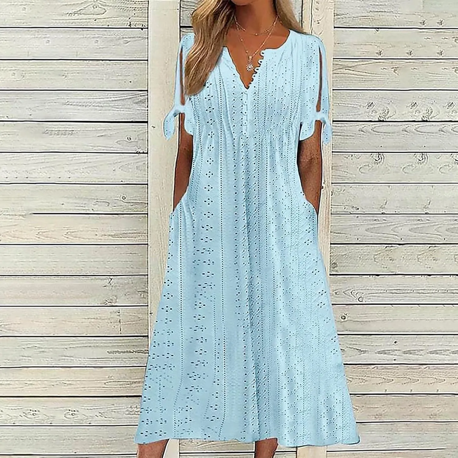 Womens Summer Dresses Casual Eyelet Boho Maxi Dress Flowy Button V-Neck Beach Sundress Trendy Long Dress with Pockets