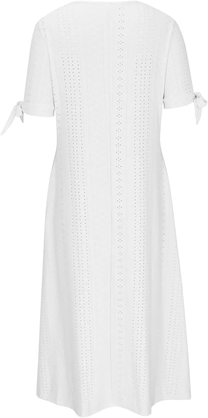 Womens Summer Dresses Casual Eyelet Boho Maxi Dress Flowy Button V-Neck Beach Sundress Trendy Long Dress with Pockets