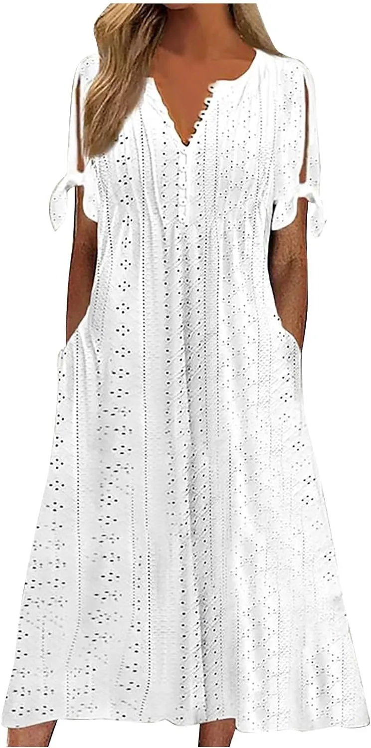 Womens Summer Dresses Casual Eyelet Boho Maxi Dress Flowy Button V-Neck Beach Sundress Trendy Long Dress with Pockets