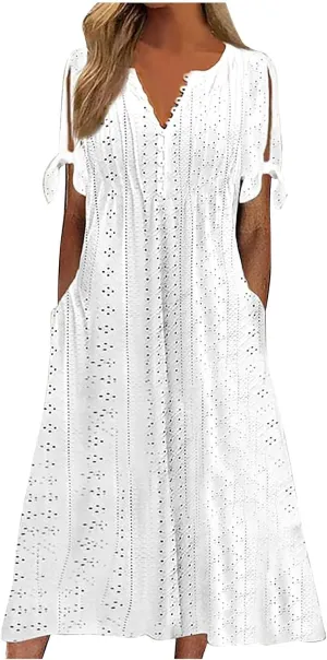 Womens Summer Dresses Casual Eyelet Boho Maxi Dress Flowy Button V-Neck Beach Sundress Trendy Long Dress with Pockets