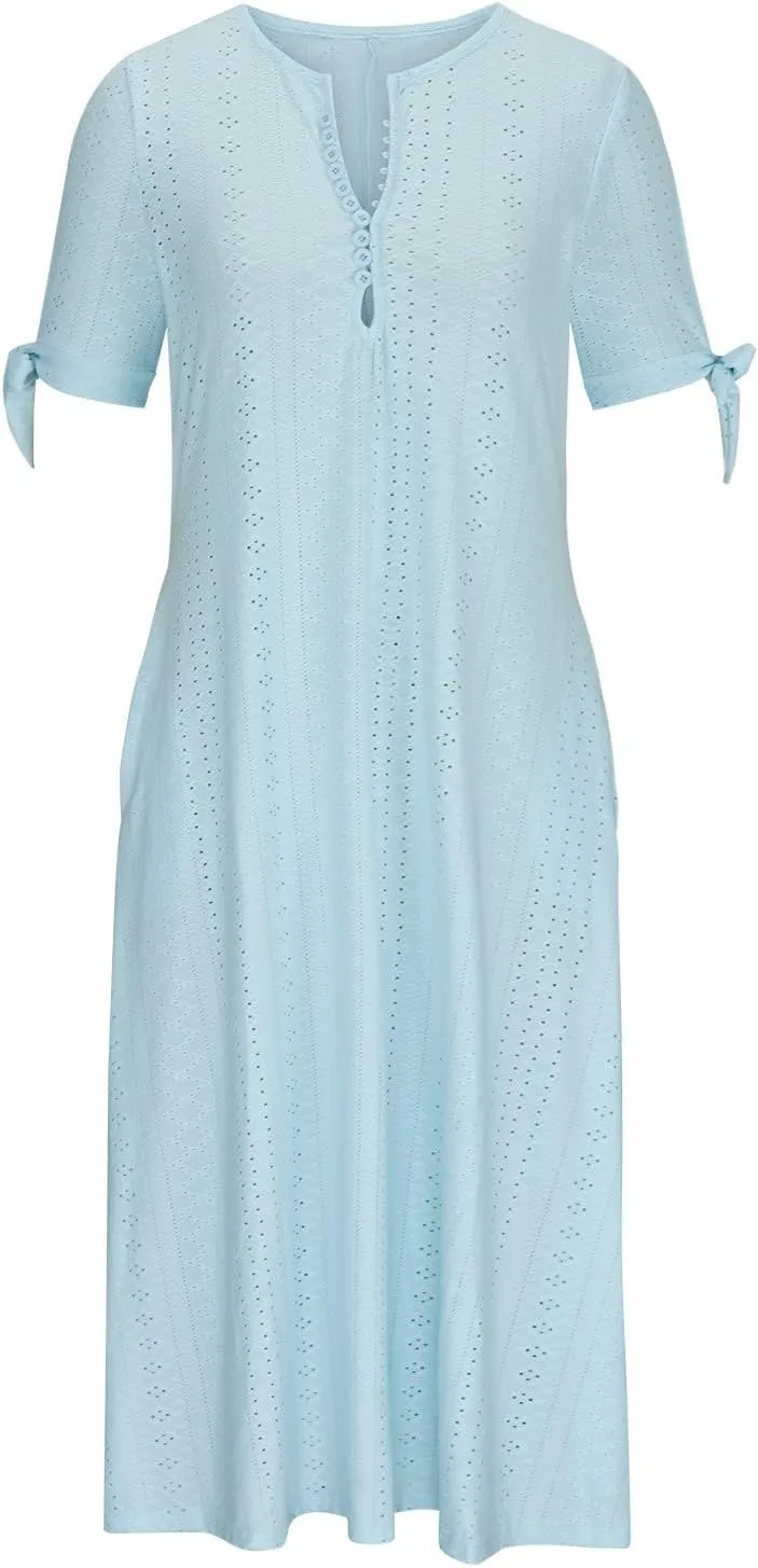 Womens Summer Dresses Casual Eyelet Boho Maxi Dress Flowy Button V-Neck Beach Sundress Trendy Long Dress with Pockets