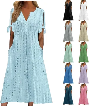 Womens Summer Dresses Casual Eyelet Boho Maxi Dress Flowy Button V-Neck Beach Sundress Trendy Long Dress with Pockets