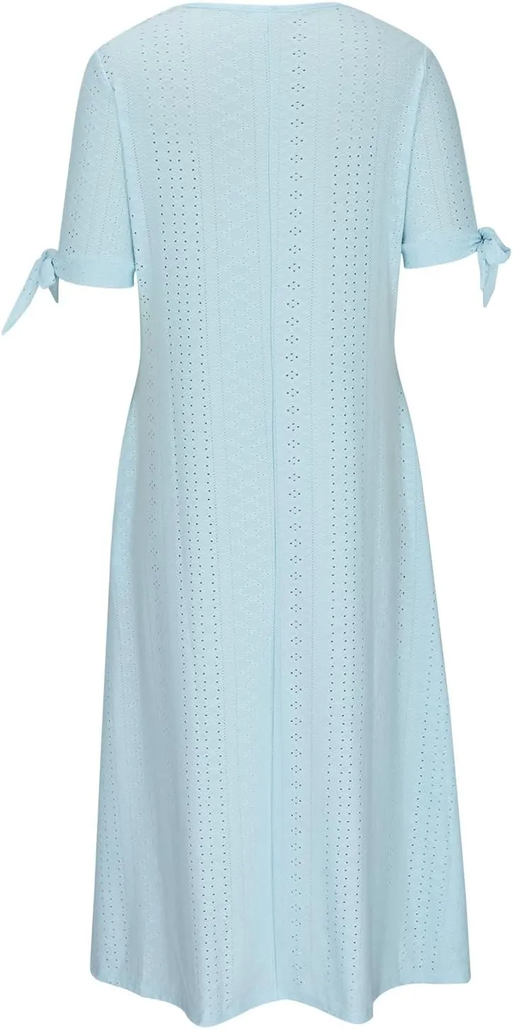 Womens Summer Dresses Casual Eyelet Boho Maxi Dress Flowy Button V-Neck Beach Sundress Trendy Long Dress with Pockets
