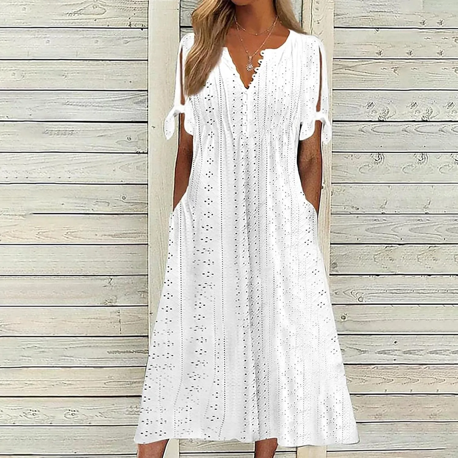 Womens Summer Dresses Casual Eyelet Boho Maxi Dress Flowy Button V-Neck Beach Sundress Trendy Long Dress with Pockets