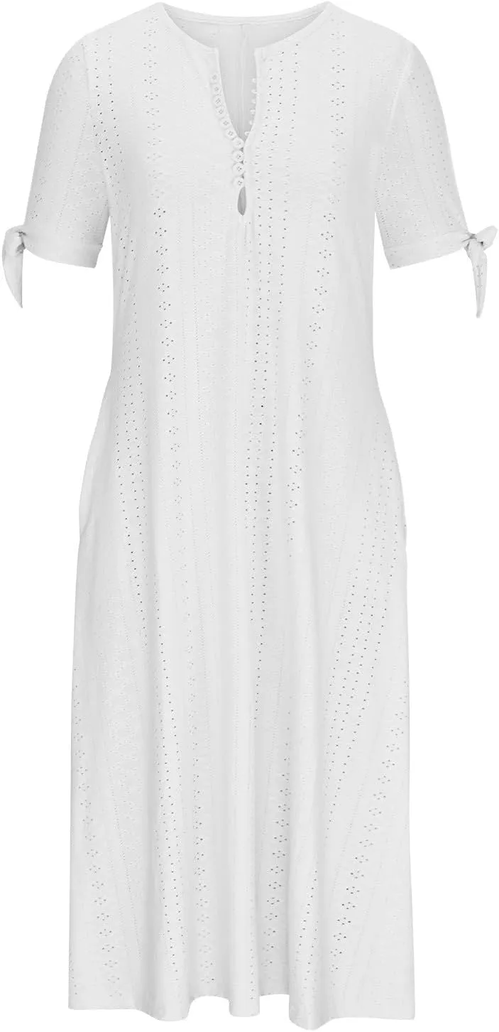 Womens Summer Dresses Casual Eyelet Boho Maxi Dress Flowy Button V-Neck Beach Sundress Trendy Long Dress with Pockets
