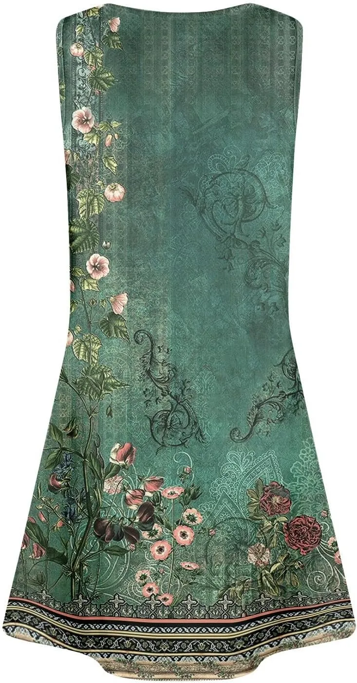 Womens Summer Dresses Casual Floral V Neck Sundresses for Women Beach Plus Size Tank Dress with Pockets