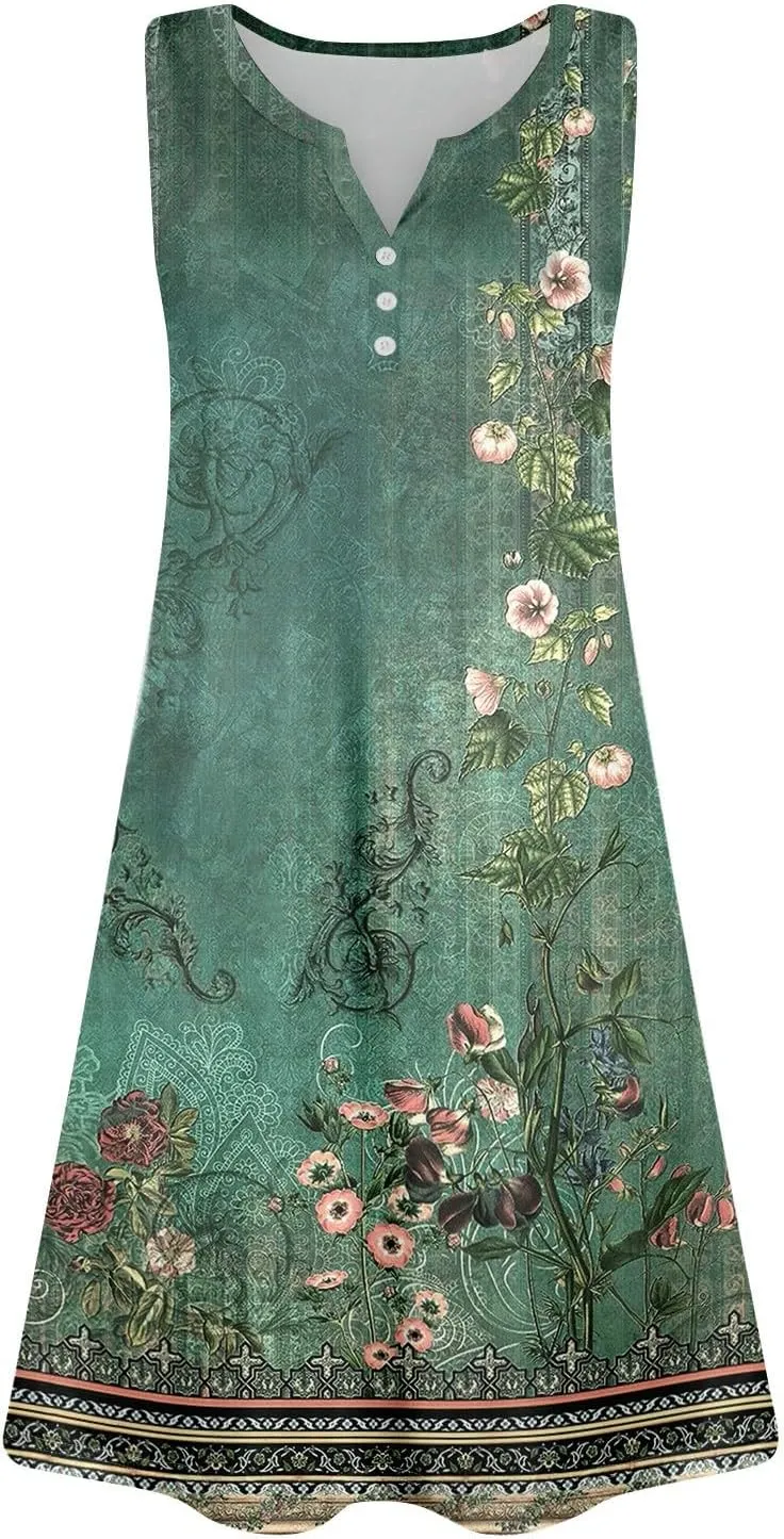 Womens Summer Dresses Casual Floral V Neck Sundresses for Women Beach Plus Size Tank Dress with Pockets