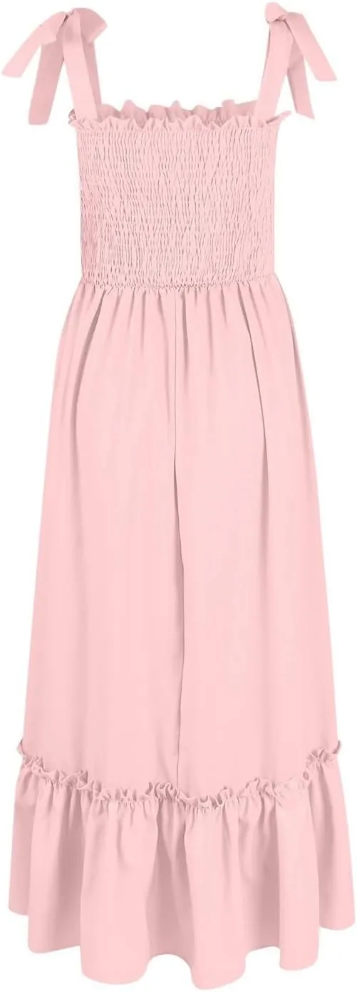Women's Summer Dresses Casual Loose Square Neck Sleeveless Strap Maxi Dress Classic Solid Color Ruffle Hem Sundress
