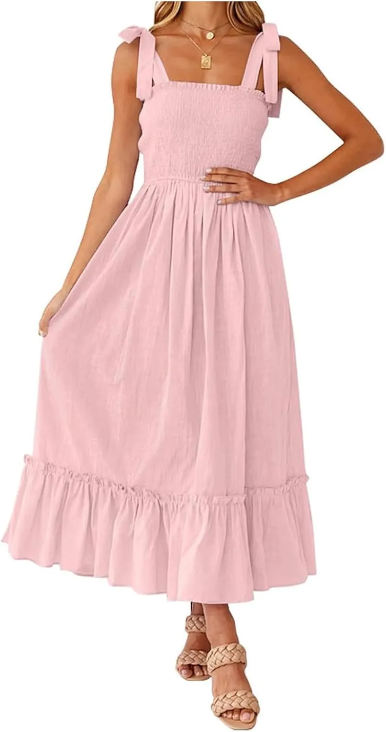 Women's Summer Dresses Casual Loose Square Neck Sleeveless Strap Maxi Dress Classic Solid Color Ruffle Hem Sundress