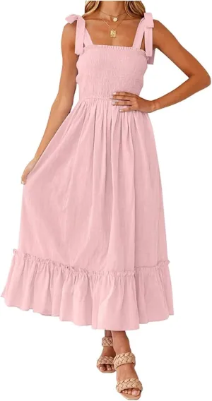 Women's Summer Dresses Casual Loose Square Neck Sleeveless Strap Maxi Dress Classic Solid Color Ruffle Hem Sundress