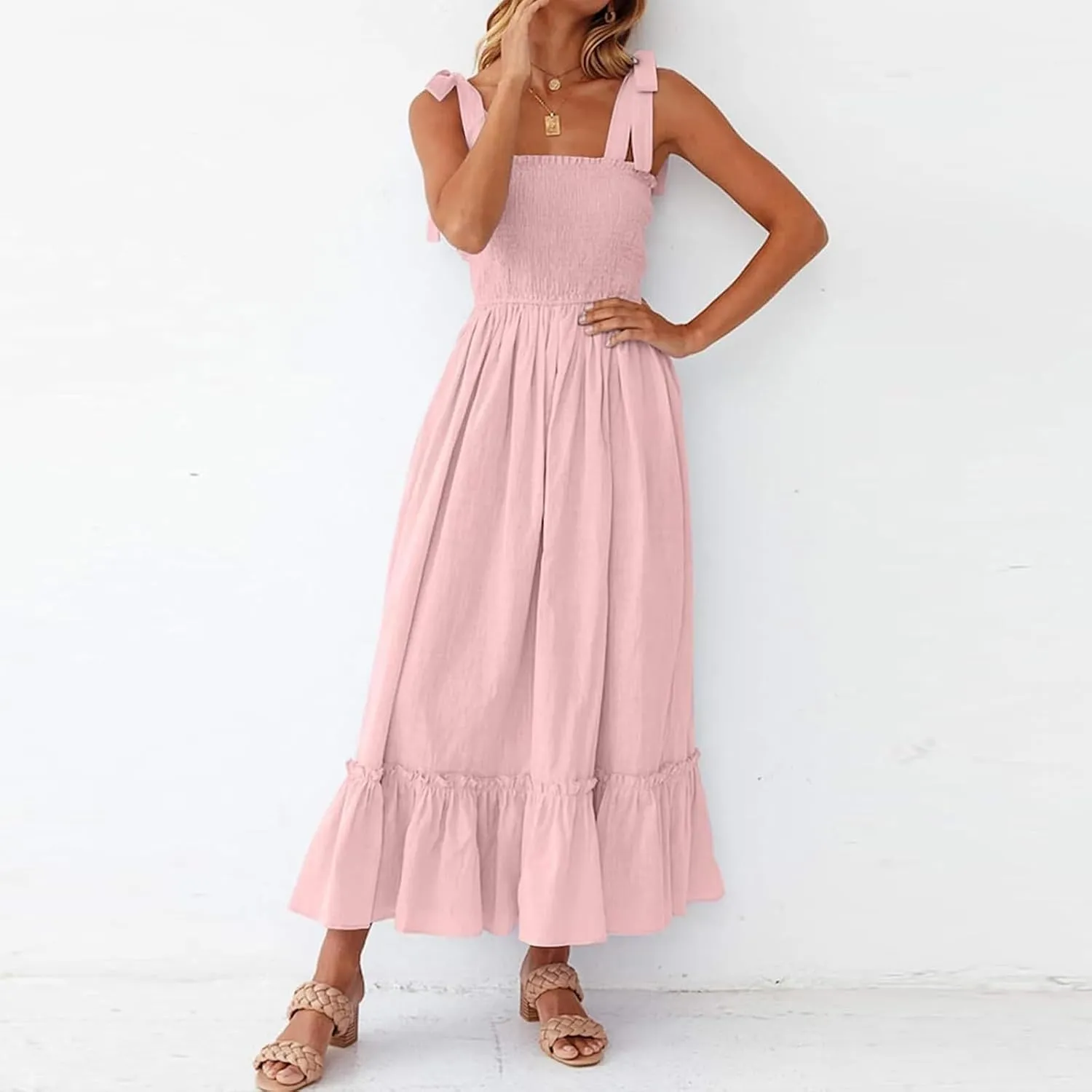 Women's Summer Dresses Casual Loose Square Neck Sleeveless Strap Maxi Dress Classic Solid Color Ruffle Hem Sundress