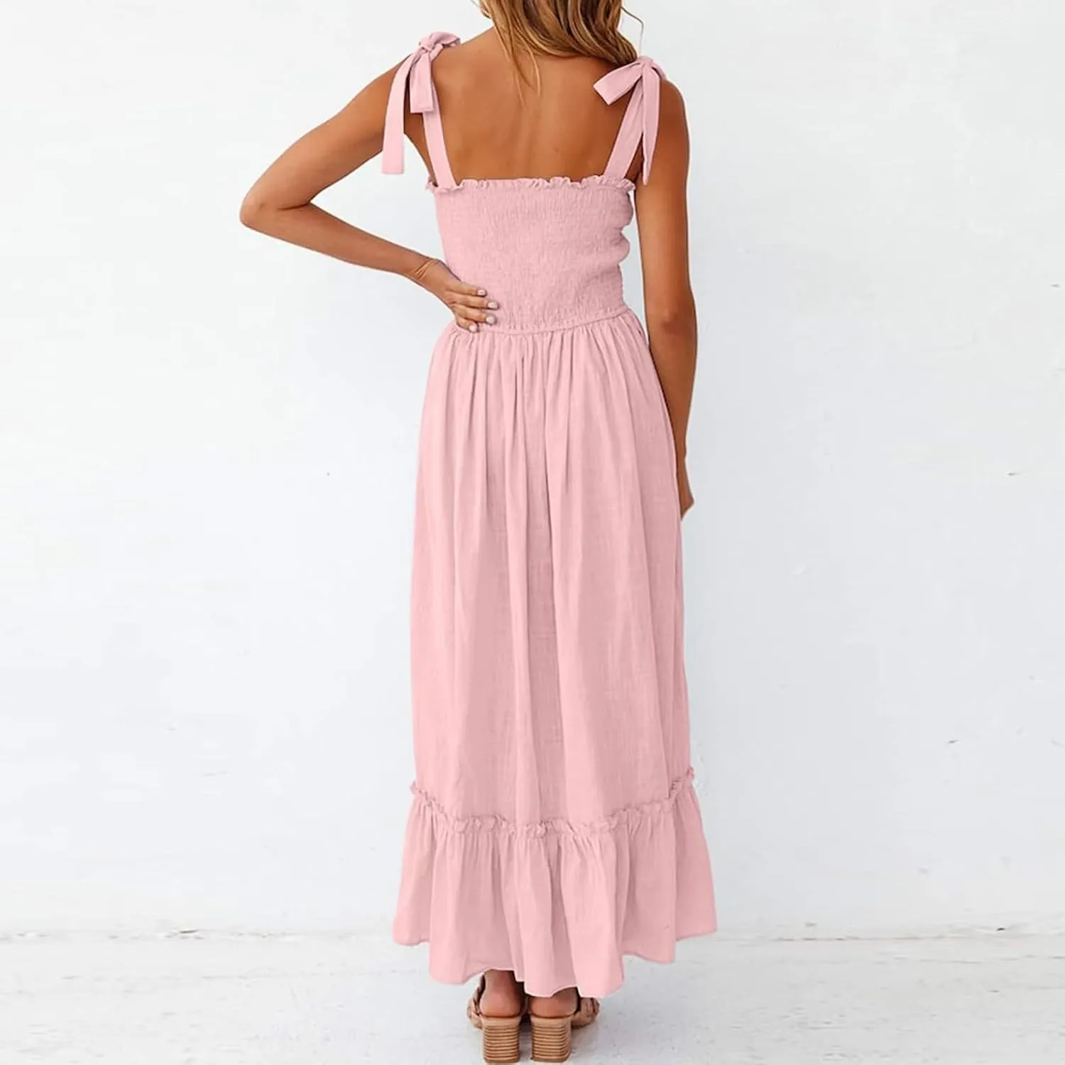 Women's Summer Dresses Casual Loose Square Neck Sleeveless Strap Maxi Dress Classic Solid Color Ruffle Hem Sundress