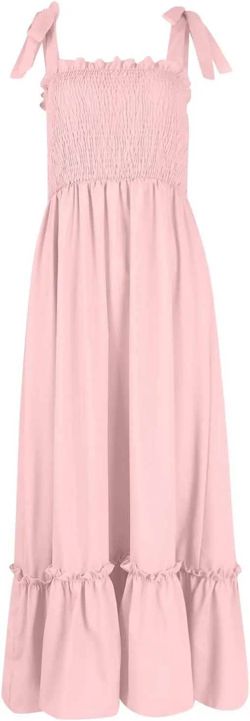 Women's Summer Dresses Casual Loose Square Neck Sleeveless Strap Maxi Dress Classic Solid Color Ruffle Hem Sundress