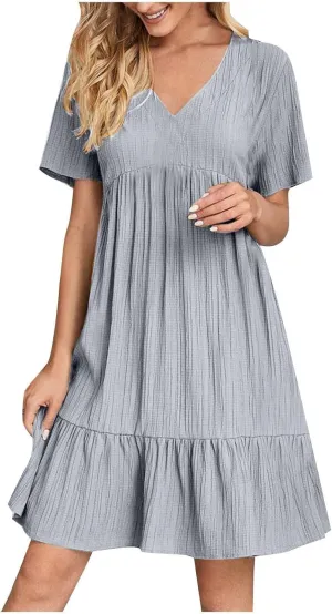 Women's Summer Dresses Casual Midi Swing Short Sleeve V Neck Tiered A Line Flowy Beach Dress Sundress 2025