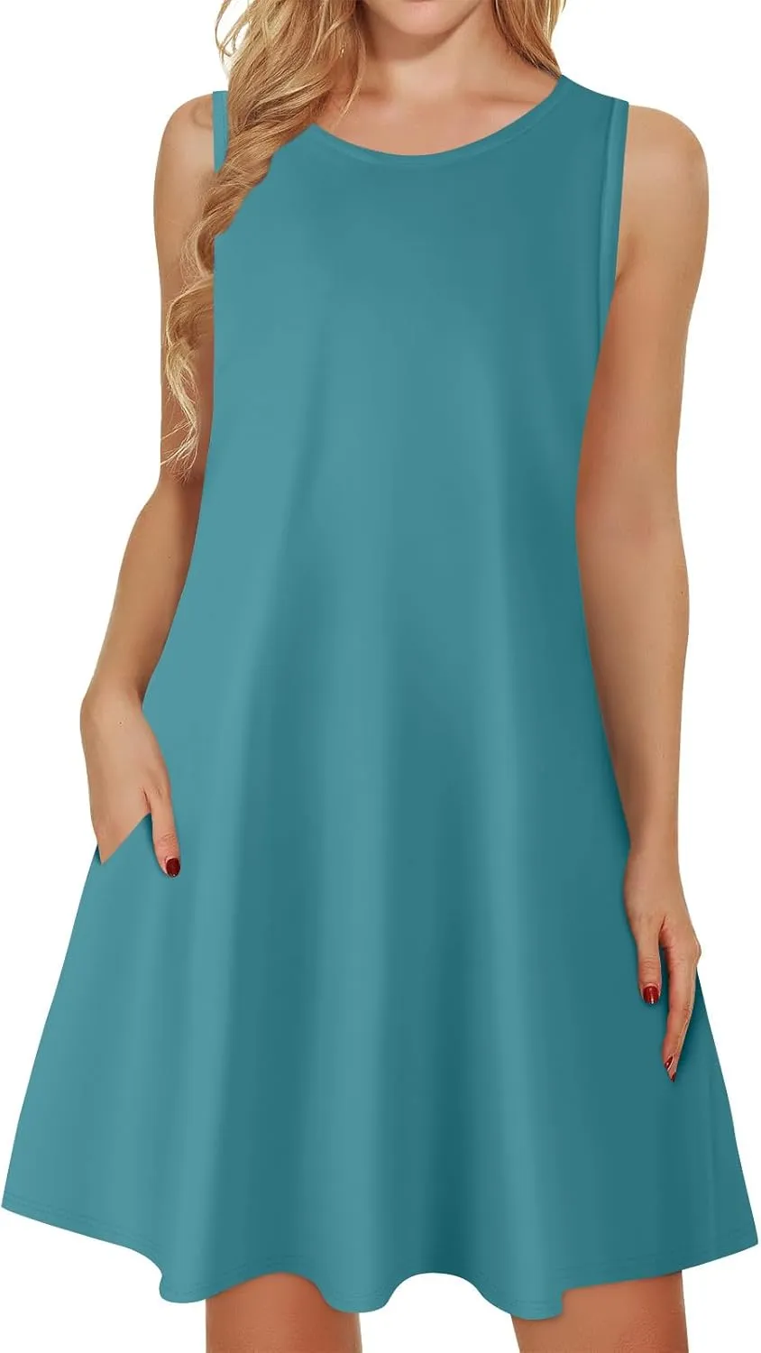 Womens Summer Dresses Casual Sleeveless Mini Dress printedBeach Sundresses Loose Tshirt Tank Dresses with Pockets