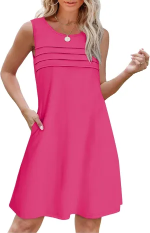 Womens Summer Dresses Casual Sleeveless Tank Sundress Pleated Front Loose Crew Neck Tshirt Dress Beach with Pockets