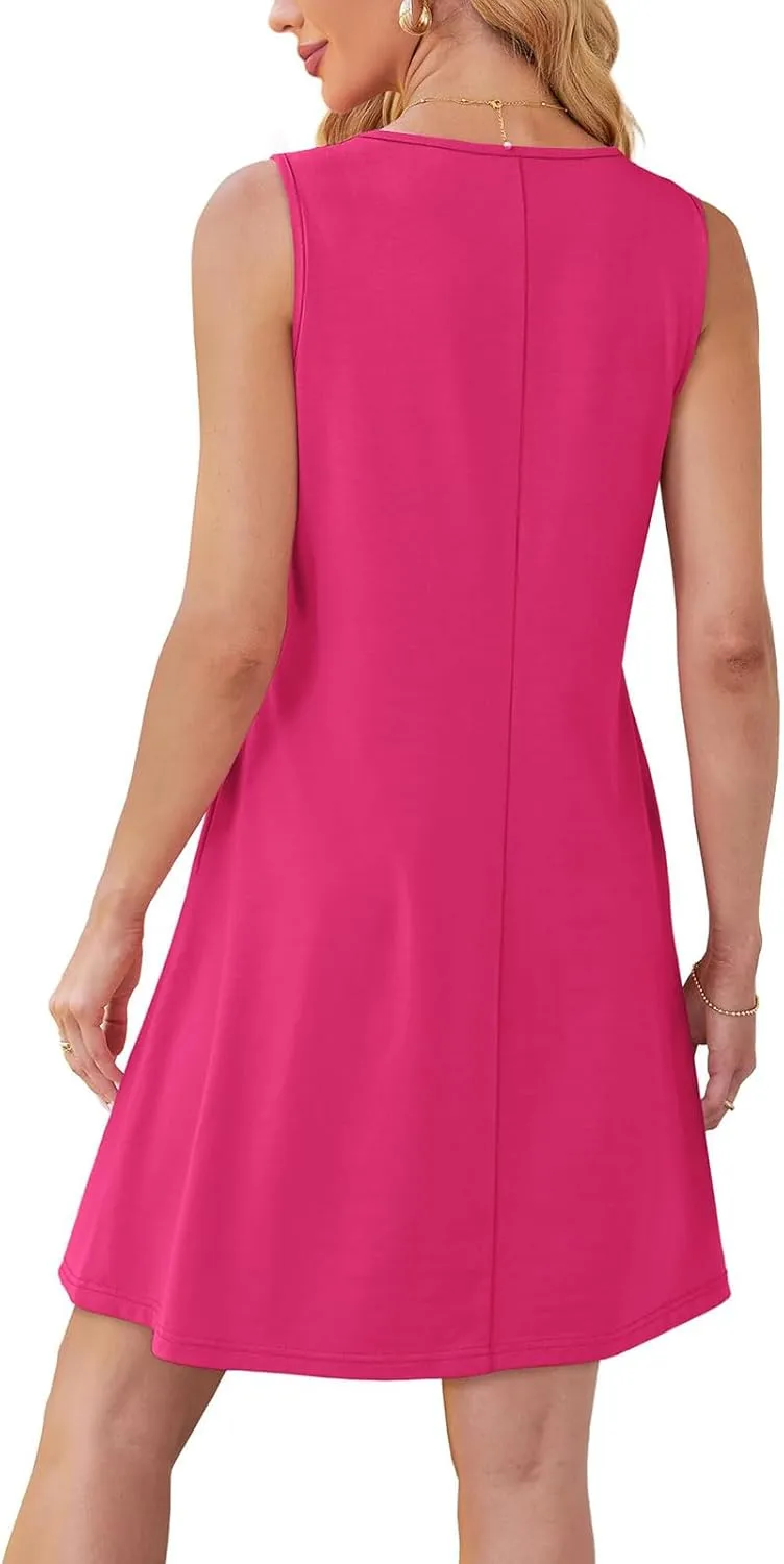 Womens Summer Dresses Casual Sleeveless Tank Sundress Pleated Front Loose Crew Neck Tshirt Dress Beach with Pockets