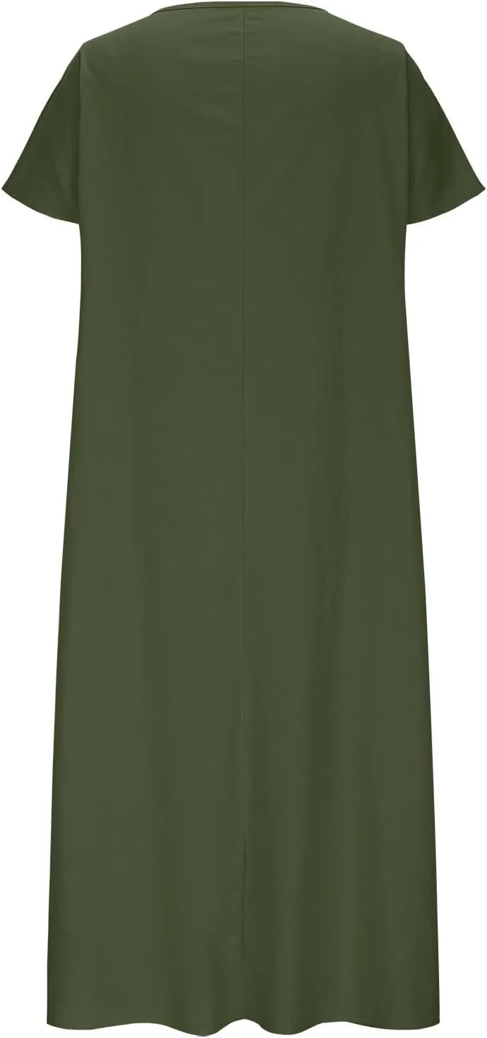 Womens Summer Dresses Cotton Linen Short Sleeve Crewneck Casual Midi Dress Plus Size Pleated Flowy Loose Beach Dress