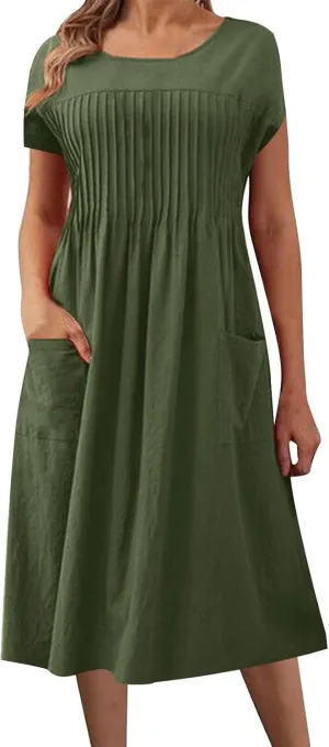 Womens Summer Dresses Cotton Linen Short Sleeve Crewneck Casual Midi Dress Plus Size Pleated Flowy Loose Beach Dress