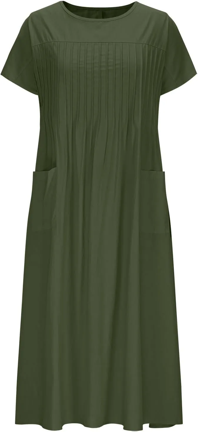 Womens Summer Dresses Cotton Linen Short Sleeve Crewneck Casual Midi Dress Plus Size Pleated Flowy Loose Beach Dress
