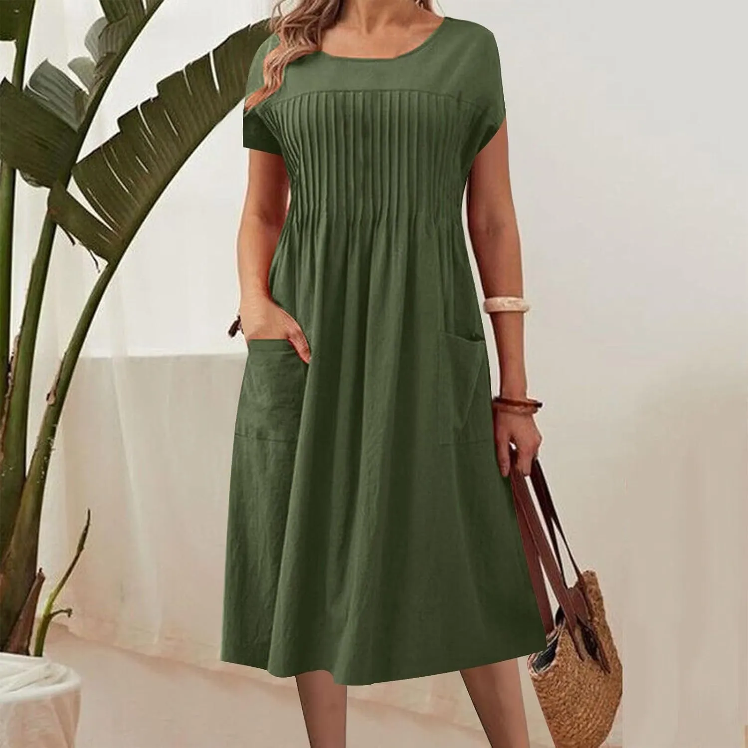 Womens Summer Dresses Cotton Linen Short Sleeve Crewneck Casual Midi Dress Plus Size Pleated Flowy Loose Beach Dress