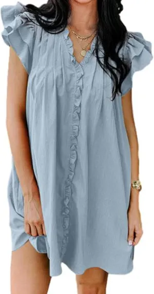 Womens Summer Dresses Flowy Comfy Ruffle Sleeve V Neck Mini Dress Casual Loose Solid Color Pleated Beach Sunderss