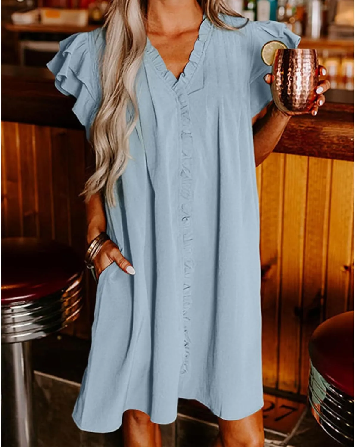 Womens Summer Dresses Flowy Comfy Ruffle Sleeve V Neck Mini Dress Casual Loose Solid Color Pleated Beach Sunderss